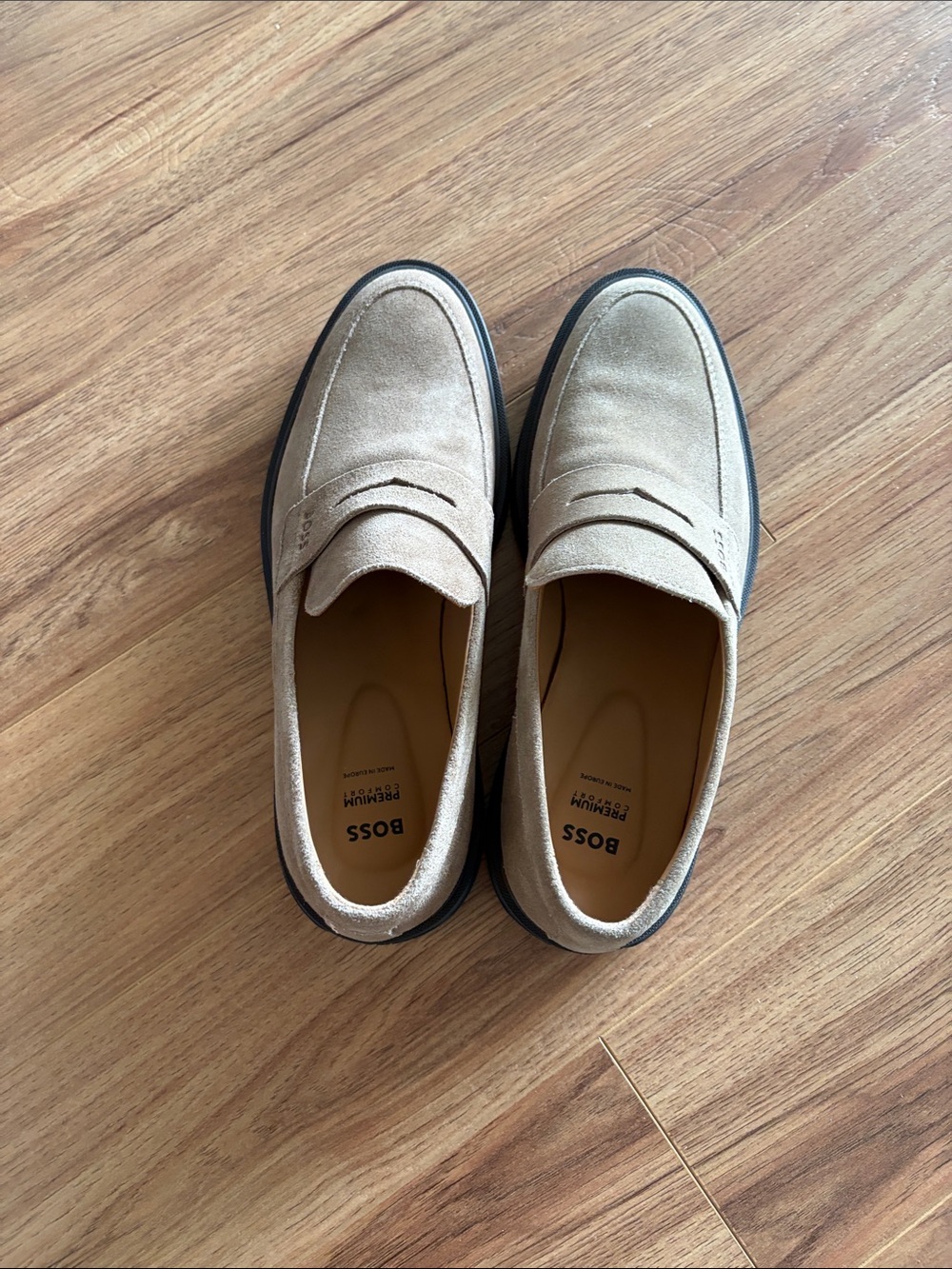 BOSS Beige Suede Penny Loafers with Black Sole